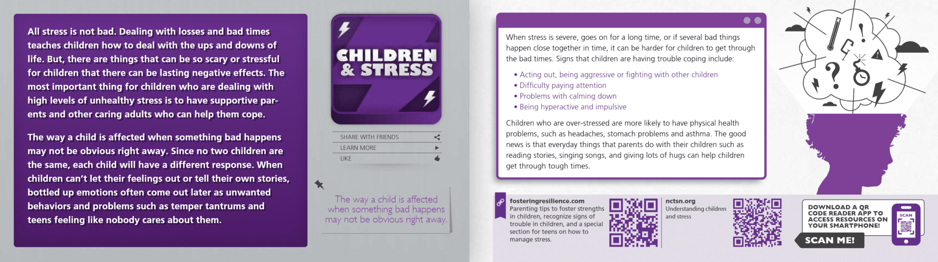 A purple and white book with the words children & stress